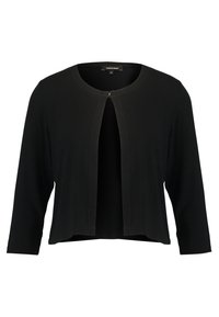 Black cropped jacket made from soft fabric, featuring three-quarter sleeves and an open front with a small closure at the neckline.