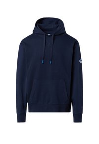 Marineblaue Kapuzenjacke mit Kängurutasche, Kordelzugkapuze, gerippten Bündchen und Saum. Hergestellt aus einem glatten Stoff mit feiner Textur.