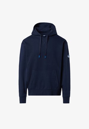 Marineblaue Kapuzenjacke mit Kängurutasche, Kordelzugkapuze, gerippten Bündchen und Saum. Hergestellt aus einem glatten Stoff mit feiner Textur.