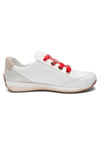 White leather sneaker with beige heel patch and red laces, featuring a low sole and metal eyelets, shown from the side on a white background.