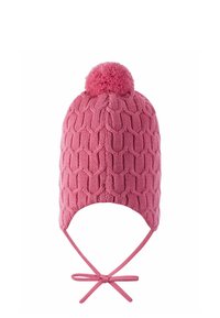 Cappello rosa lavorato a maglia con un motivo testurizzato, copertura arrotondata e un pompon sulla parte superiore. Presenta delle fasce per fissare sotto il mento.