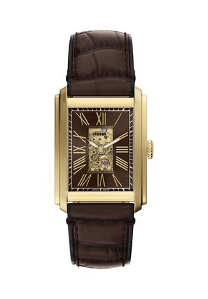 Rechteckige goldene Uhr mit braunem Lederarmband, braunem Zifferblatt, sichtbaren mechanischen Zahnrädern und goldenen römischen Ziffern als Stundenmarkierungen.
