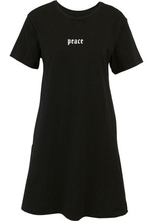 Černé bavlněné šaty s krátkým rukávem, volné padnutí a s nápisem „peace“ v bílém písmu na hrudi. Hladká textura.