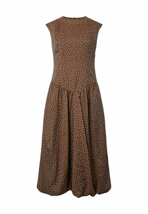 Smeđa midi haljina bez rukava s razbacanim malim bijelim točkicama, krojenim gornjim dijelom i skupljenom suknjom s obrubom u obliku balona.