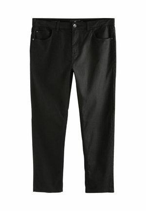 Černé džíny s rovnými nohavicemi, pěti kapsami a zapínáním na knoflík. Hladký povrch s minimalistickým vzhledem.