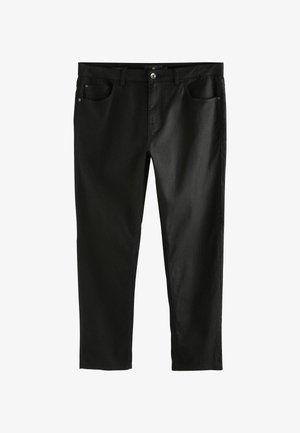 Sorte denim-bukser med lige ben, fem lommer og knaplukning. Glat tekstur med et minimalistisk look.