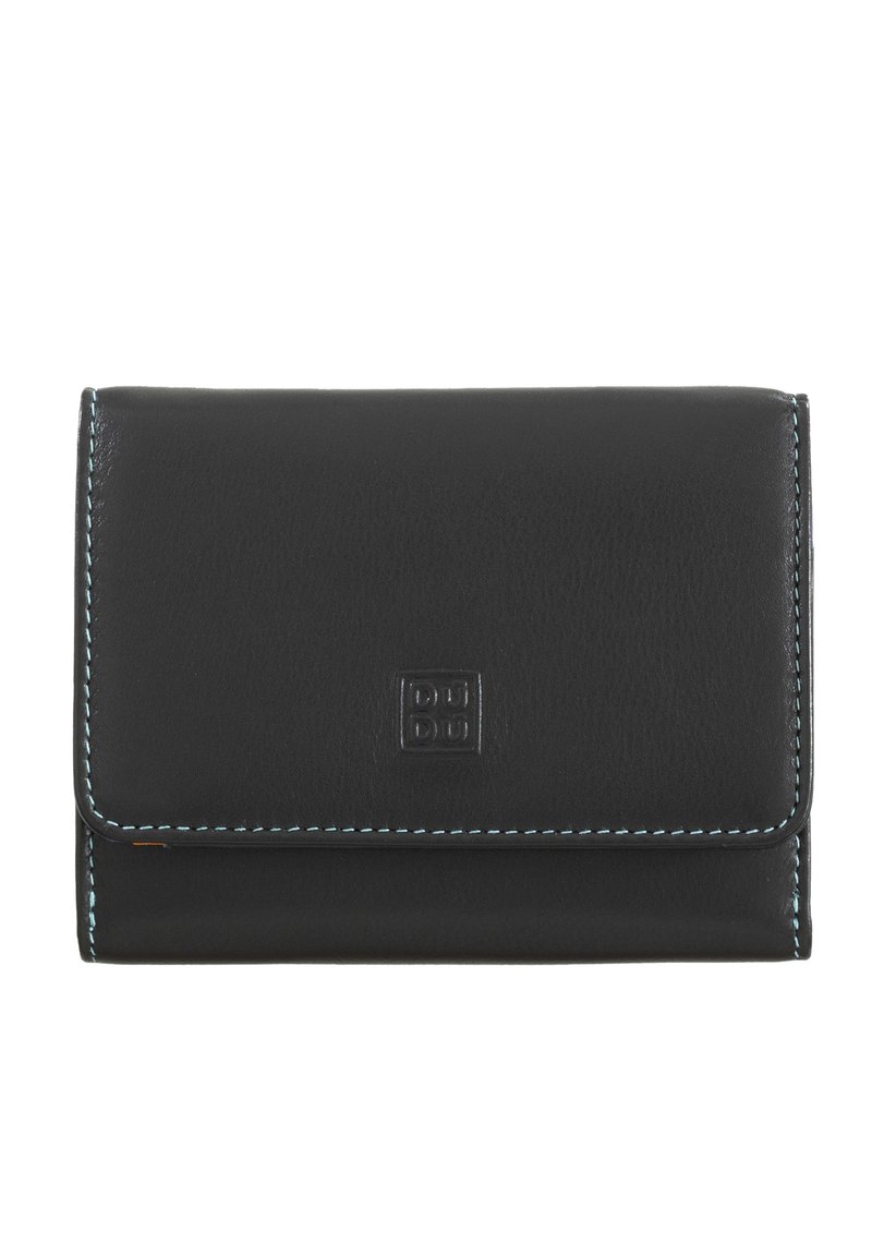 Black leather wallet with a smooth texture, featuring blue stitching. Fold-over closure with embossed logo on the front, rectangular shape.