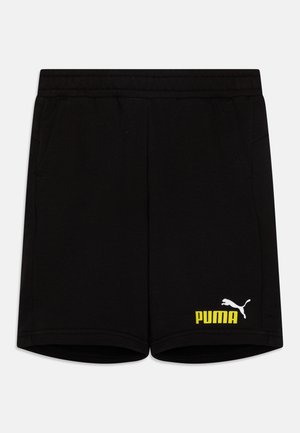 Pantaloni corti neri in cotone con vita elasticizzata, tasche laterali e logo giallo "PUMA". Presenta un accento con il logo della gattina PUMA bianco.