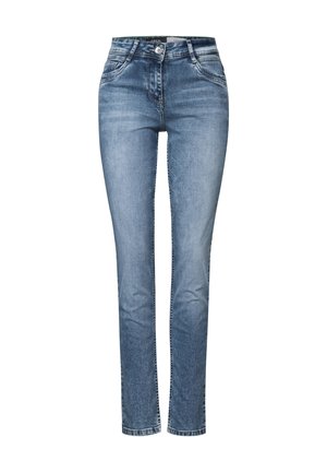 Blå denimjeans med slim fit, som har fem fickor, subtil blekning och en klassisk knappstängning. Rakt ben-design utan dekorationer.