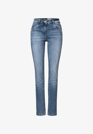 Blaue Jeans aus Denim mit schmaler Passform, ausgestattet mit fünf Taschen, dezentem Verblassen und einem klassischen Knopfverschluss. Gerades Bein-Design ohne Verzierungen.
