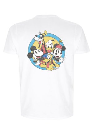 T-shirt in cotone bianco con un'illustrazione colorata di personaggi dei cartoni animati in un design circolare sul retro. Texture morbida, vestibilità casual.