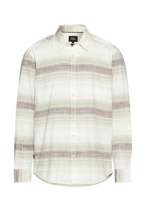 Knoop-up shirt in lichtbeige met een geruit patroon met rode en grijze strepen. Gemaakt van lichte stof, het heeft lange mouwen en een ronde zoom.