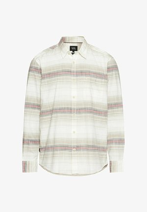 Knoop-up shirt in lichtbeige met een geruit patroon met rode en grijze strepen. Gemaakt van lichte stof, het heeft lange mouwen en een ronde zoom.