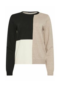 Maglione a maniche lunghe lavorato a maglia con design bicolore in sezioni nere, beige e bianco sporco, dotato di scollatura rotonda e polsini e orlo a coste.