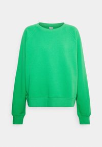 Sudadera verde con cuello redondo, mangas raglán, puños y dobladillo acanalados. Fabricada con un tejido suave y de textura lisa.