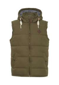 Gilet matelassé sans manches vert olive avec capuche, fermeture éclair sur le devant, deux poches à pression et cordons blancs avec des accents marron.