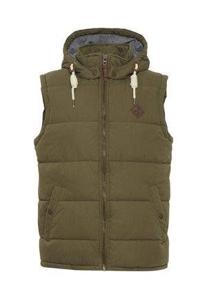 Olivgrön vadderad ärmlös väst med huva, frontdragkedja, två tryckknappsfickor och vita dragsnören med bruna detaljer.