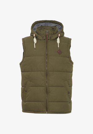 Olivgrön vadderad ärmlös väst med huva, frontdragkedja, två tryckknappsfickor och vita dragsnören med bruna detaljer.