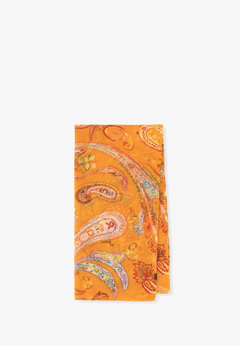 Foulard arancione con motivo paisley che presenta accenti blu, rosa e rosso. Leggero, con una texture morbida e bordi ondulati. Forma rettangolare.