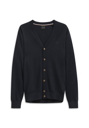 Marineblaue Strickjacke aus weichem Material, V-Ausschnitt-Design, vordere Knöpfe in Dunkelbraun, gerippte Bündchen und Saum, mit einem kleinen Logo auf der Brust.
