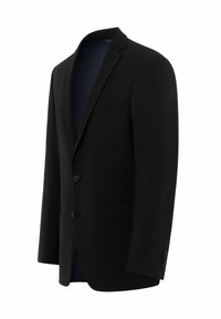 Schwarze Jacke mit Reverskragen, zwei Knöpfen, einer einzelnen Brusttasche und glatter Textur; Innenfutter in kontrastierendem Blau.