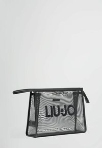 Črna mrežasta kozmetična torbica z logotipom "LIU JO", pravokotne oblike, z zadrgo in strukturirano zasnovo, ki ima gladek ročaj.
