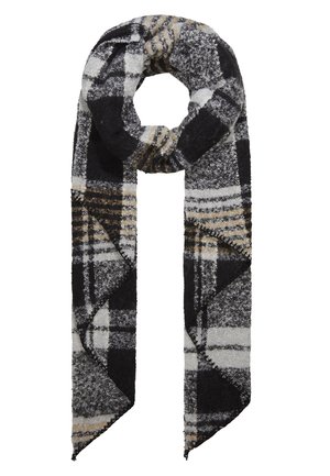 Zachte wollen sjaal met zwart-wit-beige ruitpatroon, opgevouwen en in een lus gelegd, met puntige uiteinden en zichtbare steken.