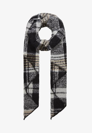 Écharpe en laine douce à motif à carreaux noir, blanc et beige, pliée et en boucle, avec des extrémités pointues et des coutures visibles.