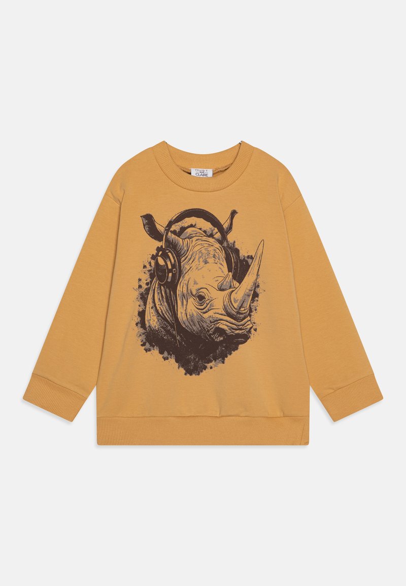 Senfgelbes Sweatshirt mit einem schwarzen Nashorn-Design, das Kopfhörer trägt, sowie gerippten Bündchen und Saum. Weiches, lässiges Design.