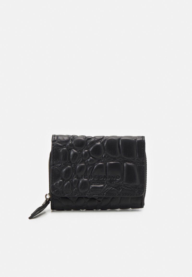 Schwarze Lederbrieftasche mit strukturiertem Krokodil-Muster, ausgestattet mit einem umlaufenden Reißverschluss und geprägtem Markenlogo auf der Vorderseite.