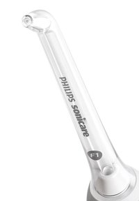 Attacco Philips Sonicare in plastica trasparente con forma allungata e curvata. Presenta la scritta "F1" e il logo stampati in grigio. Texture della superficie liscia.