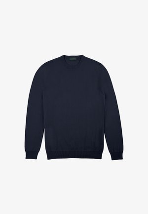 Maglione girocollo blu navy realizzato in morbido tessuto a maglia. Presenta maniche lunghe e polsini e orlo a costine. Design semplice, senza fantasie né accentuazioni.