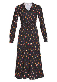 Musta pitkähihaisen mekko V-päivän kaula-aukolla, jossa on punaisia ja keltaisia kukka-kuvioita, joustava vyötärö sekä kerroksellinen röyhelöhelma.