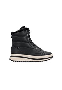 Schwarze Lederstiefeletten im High-Top-Stil mit Kunstfellfutter, runder Zehenpartie, Schnürverschluss und dicke weiße Sohle mit schwarzen Akzenten und strukturiertem Grip.