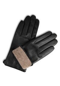 Gants en cuir noirs avec un empiècement en laine beige doux. Ils comportent cinq doigts et un design élégant, adaptés aux temps froids.