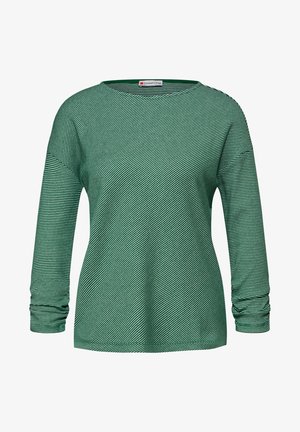 Zielona, długorękawowa koszulka z poziomymi białymi paskami, okrągłym dekoltem i teksturowanym materiałem. Posiada marszczone rękawy dla dodatkowego akcentu.