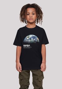 Black t-shirt featuring a graphic of Earth and the text "NASA National Aeronautics and Space Administration" in white.