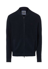 Gestrickte marineblaue Strickjacke mit Reißverschluss, geripptem Saum und Bündchen, zwei Vordertaschen und einem kleinen Logo auf der linken Brust.