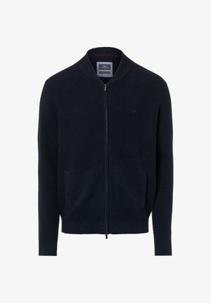 Granatowy dzianinowy kardigan z zamkiem błyskawicznym, prążkowanym dołem i mankietami, dwoma przednimi kieszeniami oraz małym logo na lewej piersi.