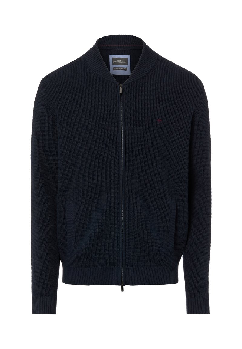 Gestrickte marineblaue Strickjacke mit Reißverschluss, geripptem Saum und Bündchen, zwei Vordertaschen und einem kleinen Logo auf der linken Brust.