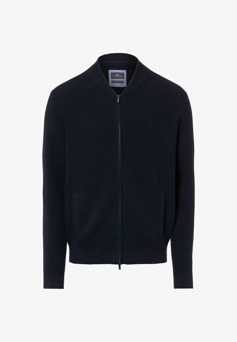 Gestrickte marineblaue Strickjacke mit Reißverschluss, geripptem Saum und Bündchen, zwei Vordertaschen und einem kleinen Logo auf der linken Brust.