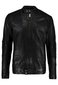 Svart läderjacka med hög krage, dragkedja fram och tryckknappsdetaljer. Texturerat material med slät finish och skräddarsydd design.
