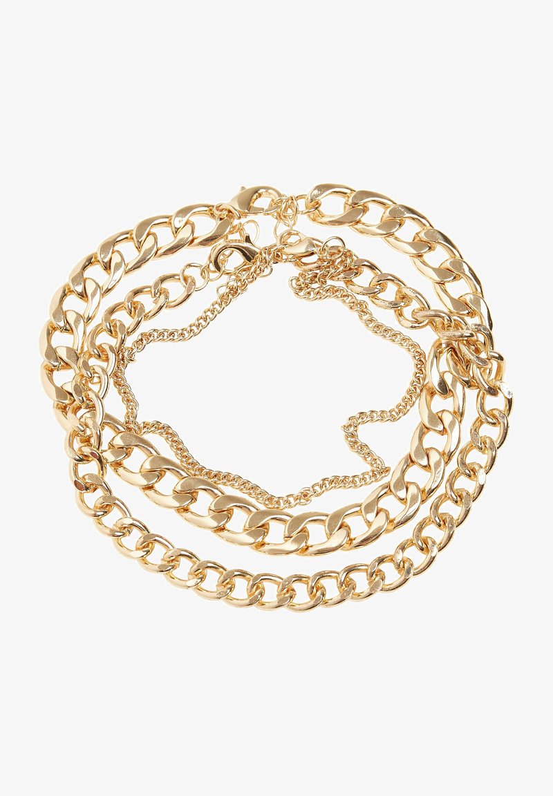 Kuldtooni metallketid erineva paksuse, segatud stiilide ja siledate ning tekstureeritud linkidega, kihiline disain, läikiv viimistlus.