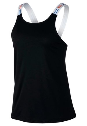 Zwart mouwloos sporttopje met witte Nike-logo bandjes met blauwe strepen op een effen achtergrond.