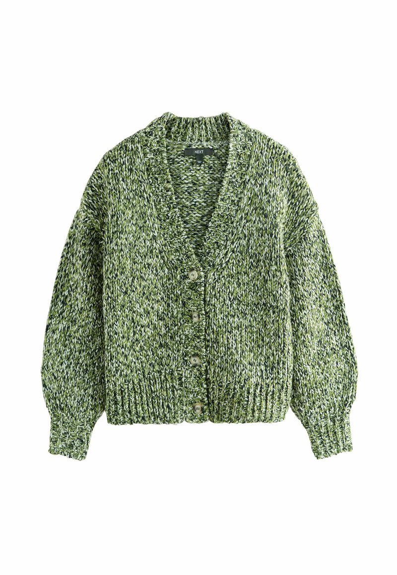 Grøn strikket cardigan med en dyb V-udskæring, store knapper og puffede ærmer. Teksturen er tykk og hyggelig med et blandet garnmønster.