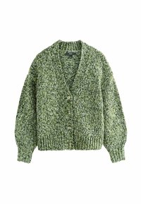 Cardigan tricoté vert avec un décolleté en V profond, de grands boutons et des manches bouffantes. La texture est épaisse et confortable avec un motif en fil mélangé.