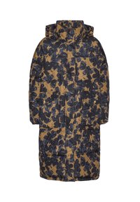 Abrigo largo tipo puff en un patrón floral en azul oscuro y marrón, con un alto cuello, cierre de cremallera y dos bolsillos frontales. Textura de tela suave.