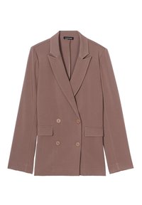 Blazer croisé en tissu brun doux. Doté d'un revers à cran, de deux poches avant et de boutons marron clair pour la fermeture.
