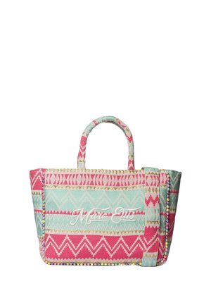 Stofftasche mit pinken, türkisfarbenen und beigen Zickzackmustern, pastellfarbenem Perlenbesatz und "Marc Ellis" vorne weiß bestickt.