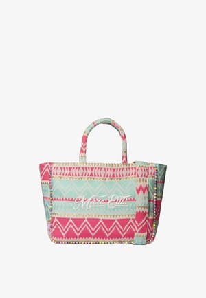 Sac fourre-tout avec des motifs en zigzag rose, turquoise et beige, bordure de perles pastels, et "Marc Ellis" brodé en blanc sur le devant.